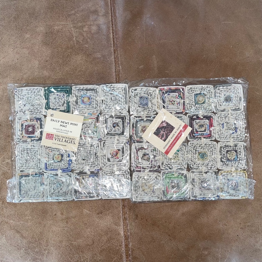 Pair of TenThousandVillages Handcrafted Philippines Daily News Mini Mats/Trivets